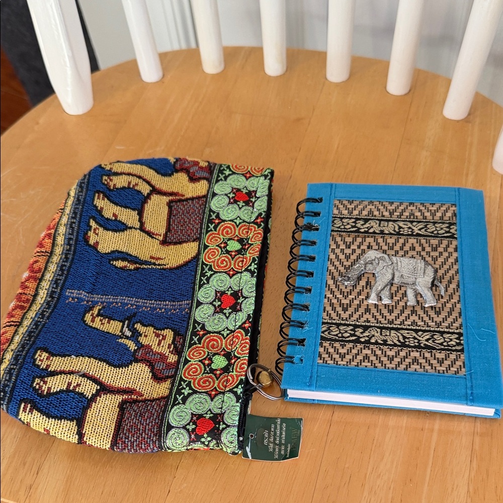 Elephant Embroidered Blue Journal & Patterned Elephant Pouch Set